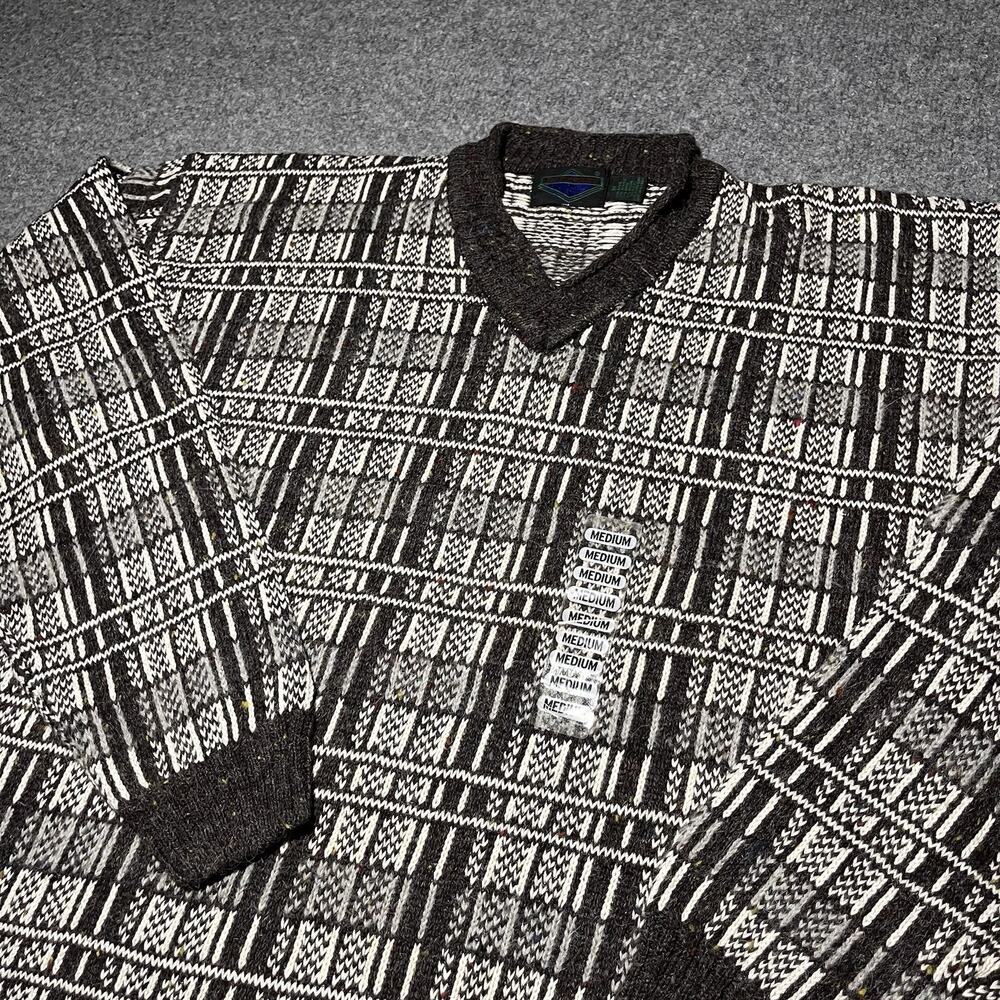 Vtg Etchings Sweater Mens Medium V Neck Chunky Knit Wool Blend Abstract 90s